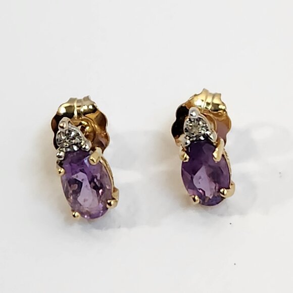 True VTG 80s 14K Solid Gold Natural Amethyst & Diamond Stud Earrings - Picture 4 of 15